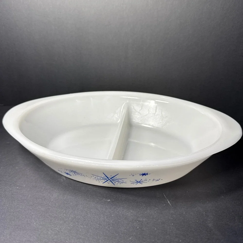 Vintage Glasbake‎ Blue Starburst Divided Serving Dish Milk Glass Oval MCM Bowl